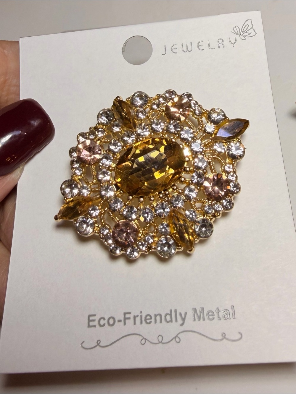 NEW! Gold-Tone Citrine Crystal Brooch Beautiful!!